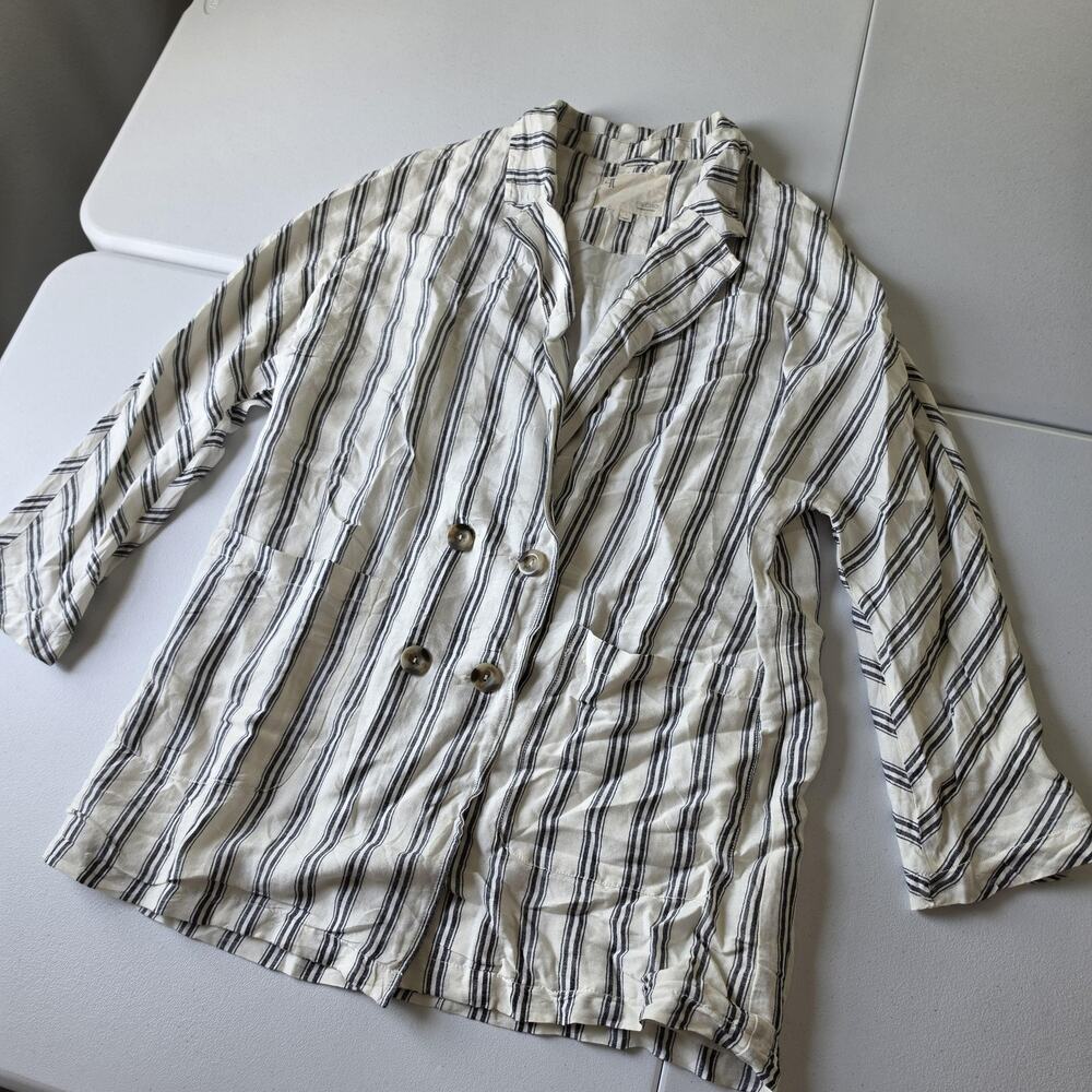 Pilcro Blazer Womens Large White Striped Linen Blend 3/4 Sleeve Lined Jacket